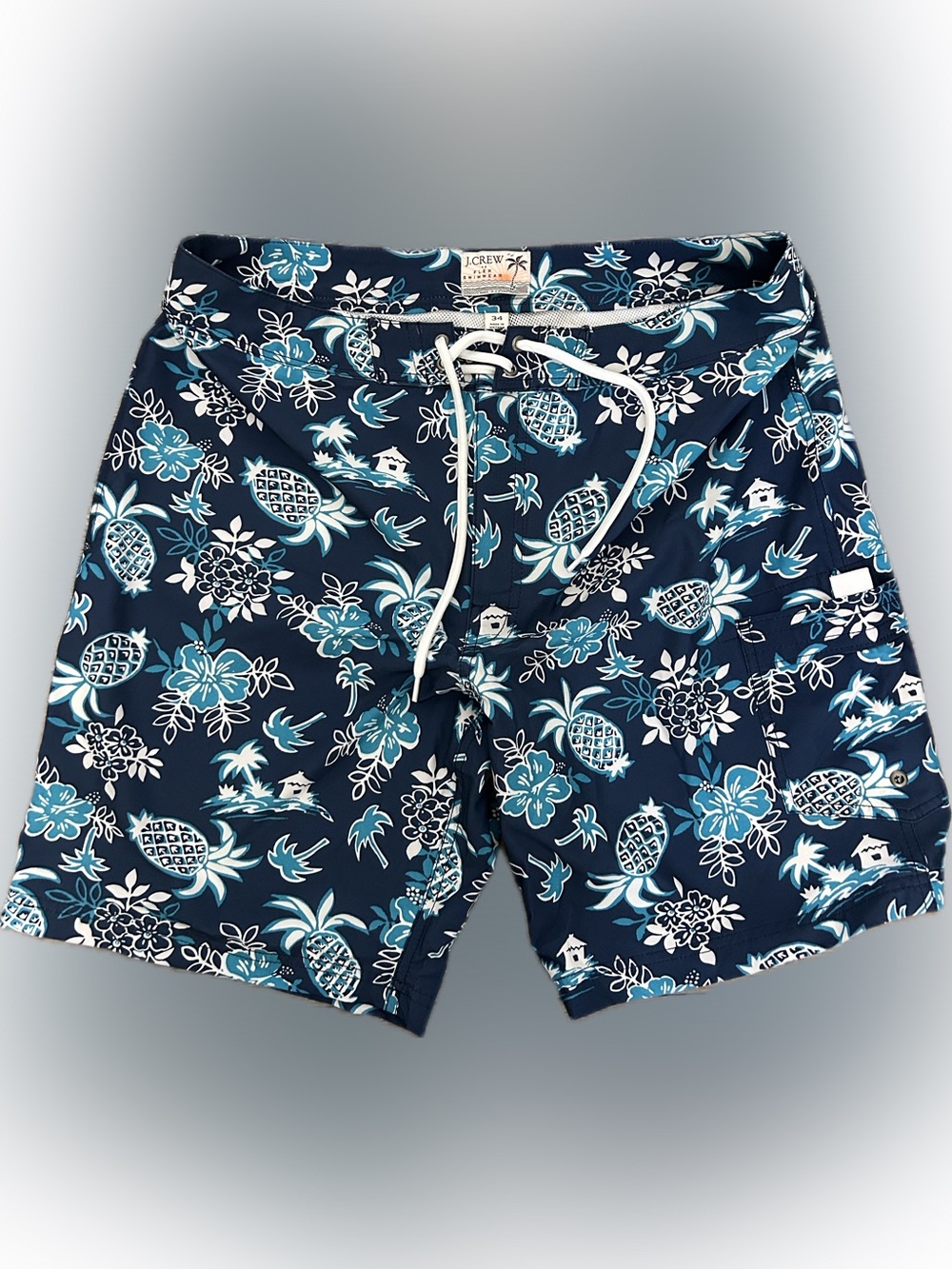 J. Crew Navy with Light Blue & White Pineapple-Print Swim Shorts